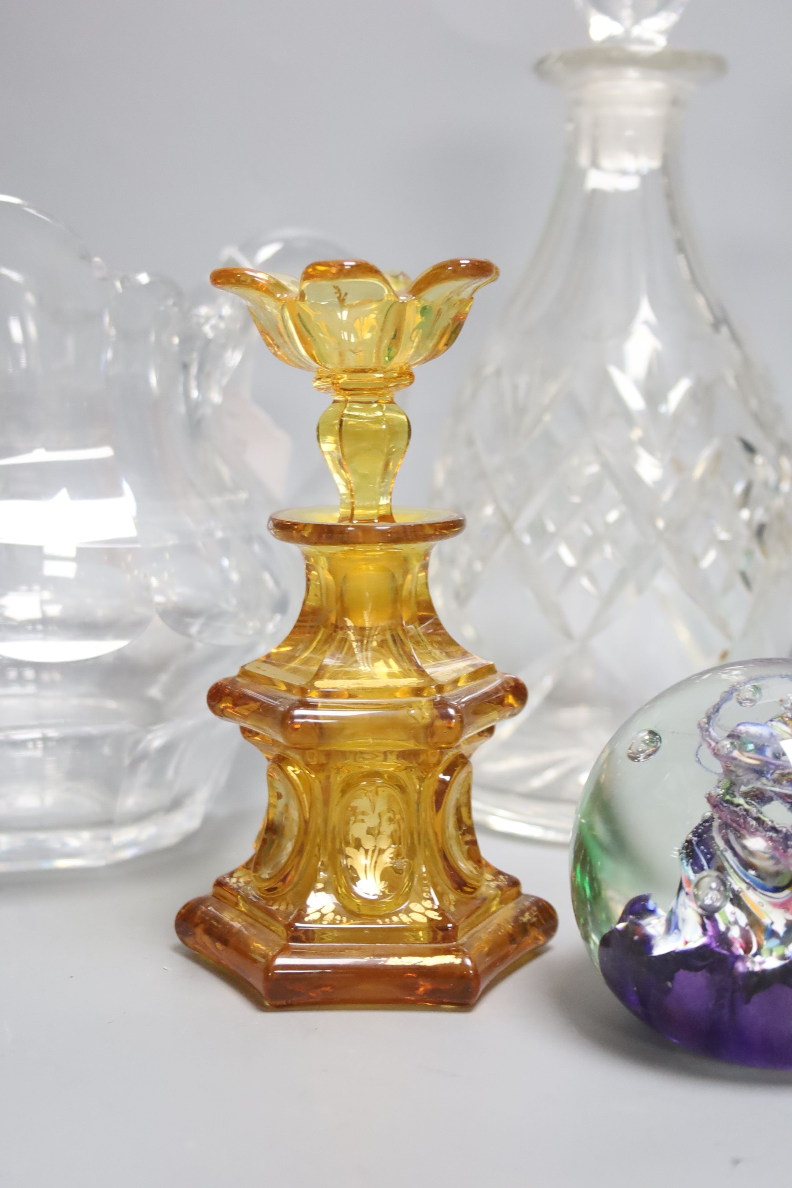 An amber glass scent bottle, 15cm and a collection of sundry glassware